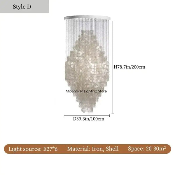 70s Retro Shell Multi-String Light Pendant with iron and shell material, dimensions H78.7in, D39.3in, for versatile lighting.