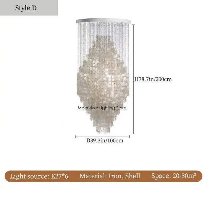 70s Retro Shell Multi-String Light Pendant with iron and shell material, dimensions H78.7in, D39.3in, for versatile lighting.