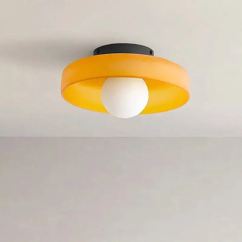 Retro Glass Disc Ceiling Light – Colourful Nordic Flush Mount Fixture for Hallways and Bedrooms in vibrant orange.