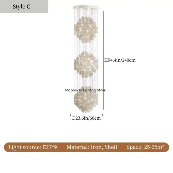 70s Retro Shell Multi-String Light Pendant with luxurious shell accents, height 94.4in, diameter 23.6in.
