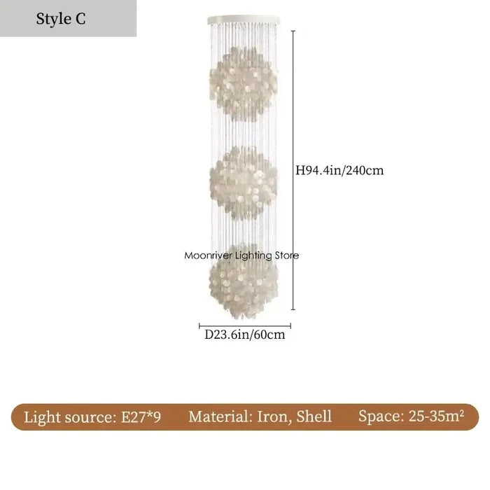 70s Retro Shell Multi-String Light Pendant with luxurious shell accents, height 94.4in, diameter 23.6in.