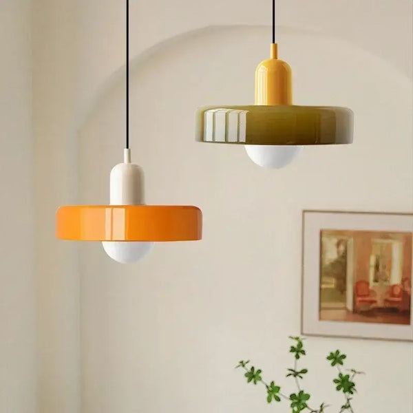 Italian Glass 70s Pendant Lights | Vintage Elegance | Shop Now! featuring colorful designs in a stylish setting.