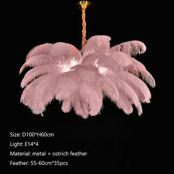 Nordic Feather Pendant Light – Art-Inspired Modern Ceiling Chandelier featuring pink ostrich feathers and metallic detailing.