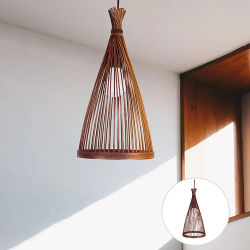 Simple Wicker lamp shade hanging in a bright room with natural light, showcasing its hand-woven bamboo design.