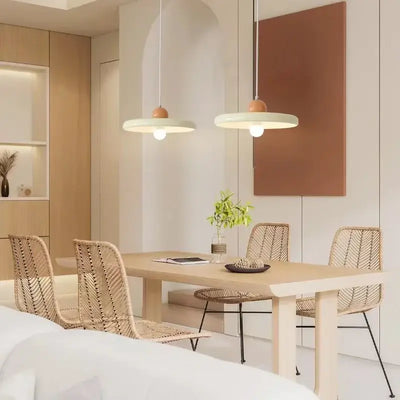 70s Dine In Kitchen Ceiling Light hanging above a wooden dining table in a modern kitchen space.