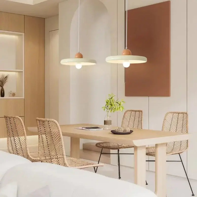 70s Dine In Kitchen Ceiling Light hanging above a wooden dining table in a modern kitchen space.