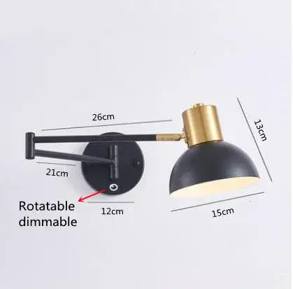 Vintage Loft Bedside Reading Light Fixture featuring a rotatable dimmable arm and black shade with a brass accent.
