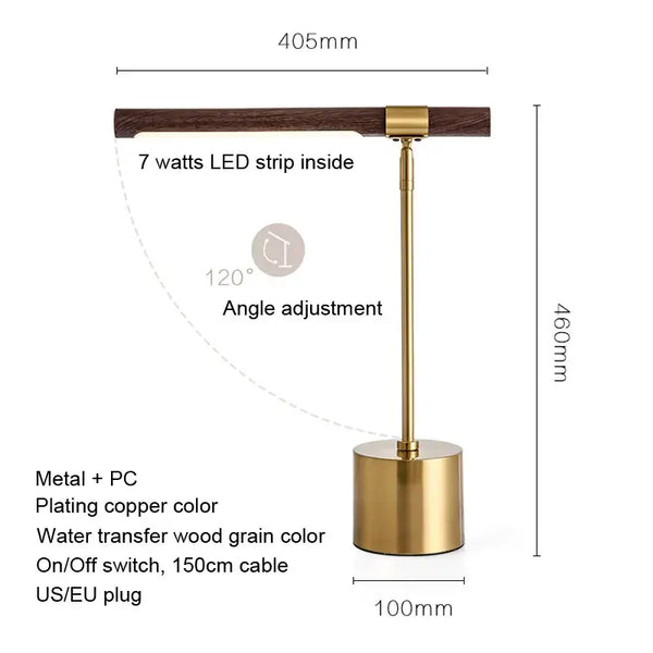 Modern Minimalist LED Table Lamp – Foldable Wood Grain Desk Light with Brass Base dimensions and features.