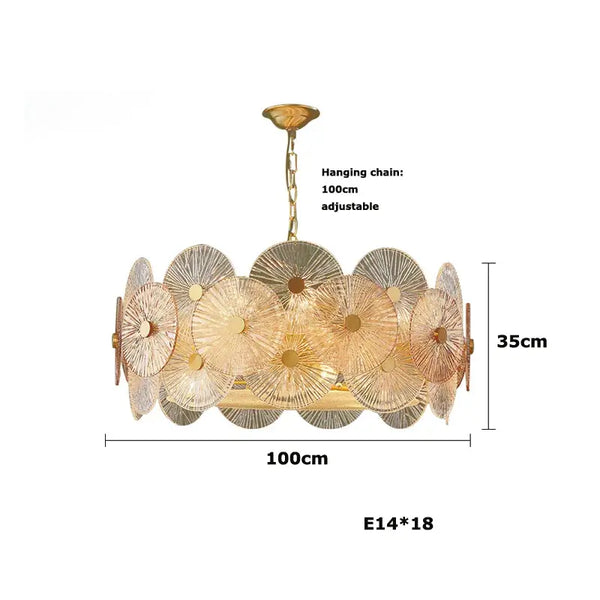 Retro 50s Glass & Iron Chandelier Gold Frame