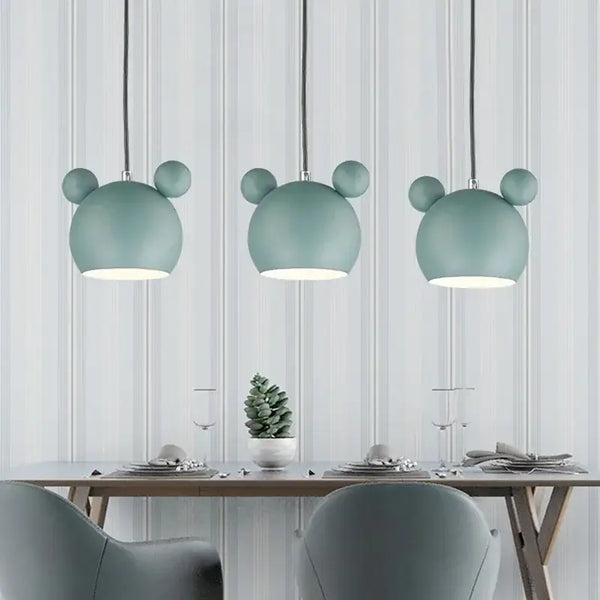 Cartoon Mouse Lamp Shade trio in a modern Nordic dining setting, featuring playful macaron colors and iron construction.