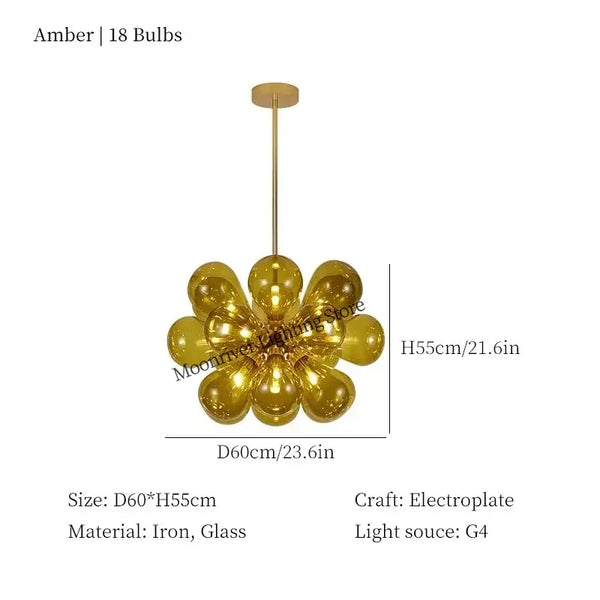 Glorious Tinted Glass Bubble Chandelier with 18 amber bulbs, showcasing a unique decor style and creative design.