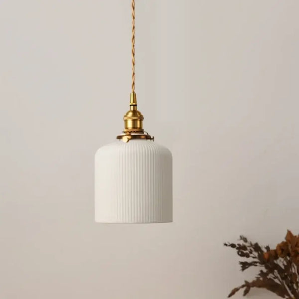 White Ceramic Lamp Shade with Brass Base – Timeless Elegance hanging light fixture.