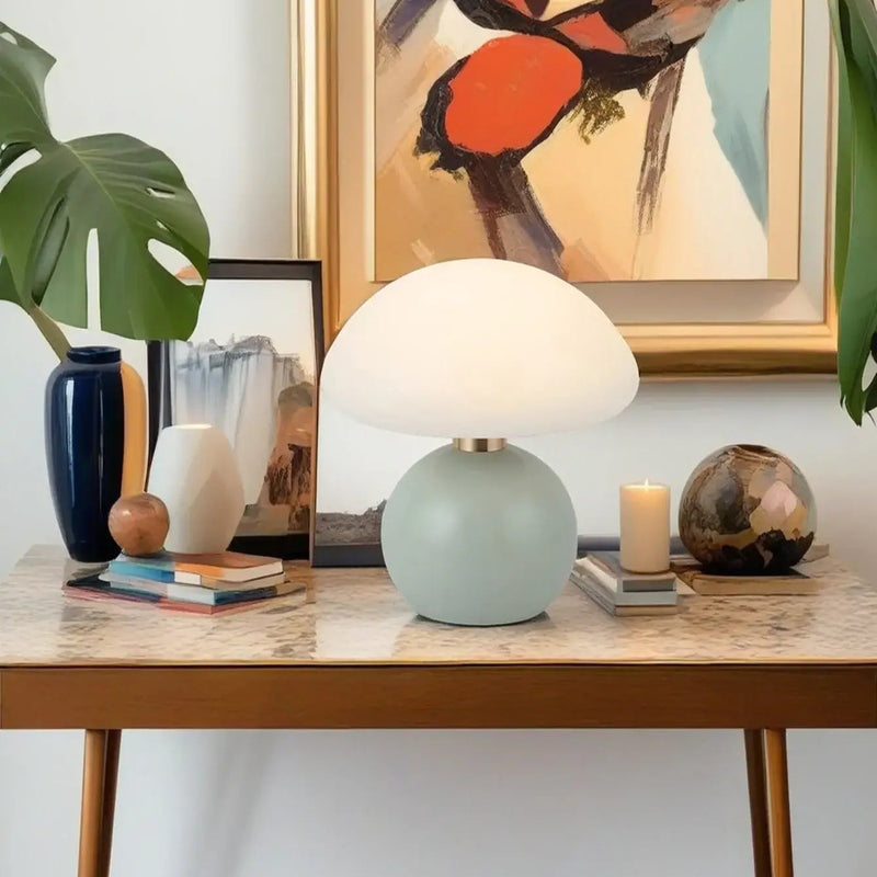 Mushroom LED USB Table Lamp in Pink – Soft Glow Bedside Lighting on a stylish table with decor.
