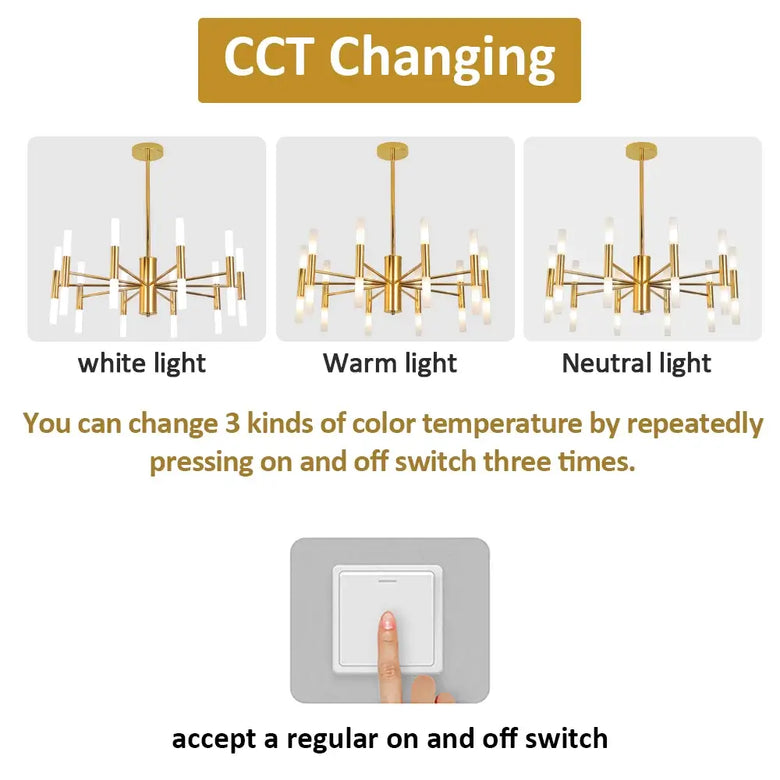 CCT Changing options for Modern Gold LED Chandelier – 20-Head G4 Luxury Ceiling Light for Living Room & Hotel Lobby.