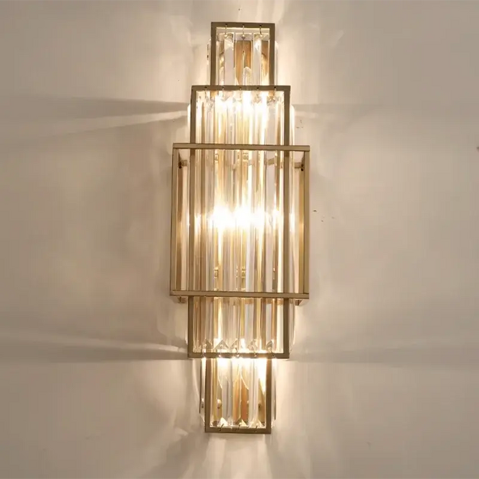 Modern Art Deco Crystal Wall Lamp – Luxurious Geometric Design with elegant gold frames and crystal-clear glass.
