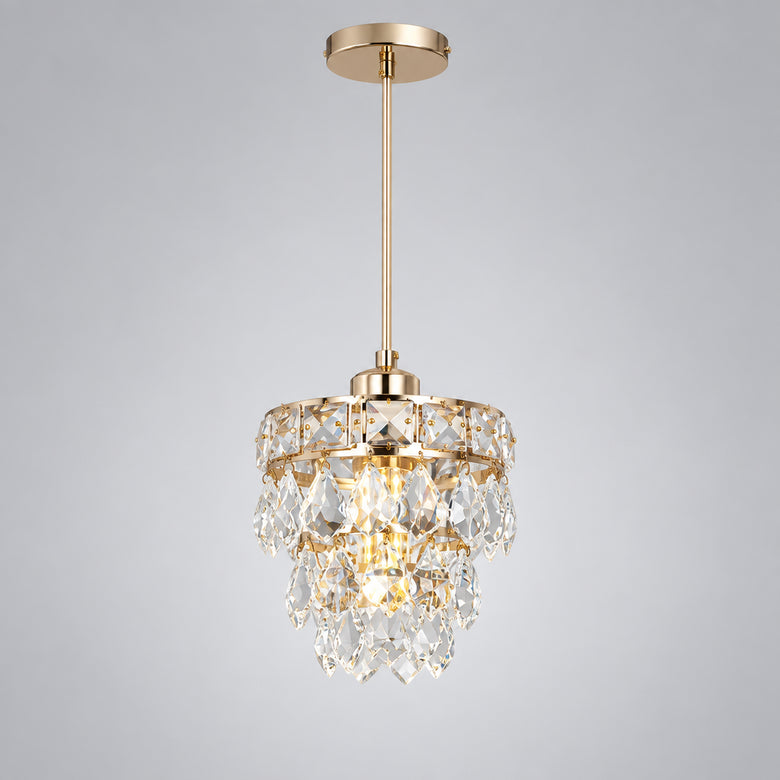 Gold K9 crystal mini pendant light, modern glam, on a light grey background
