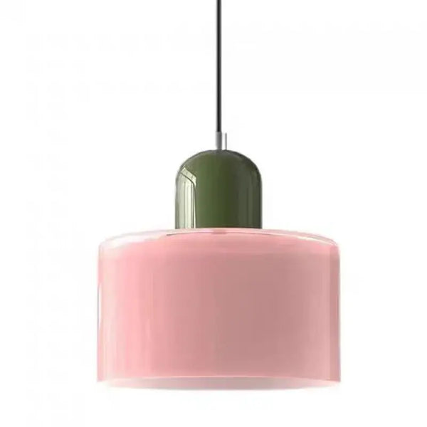 Colourful Glass Pendant (15cm x 16cm) in pink with green holder, perfect for modern decor.