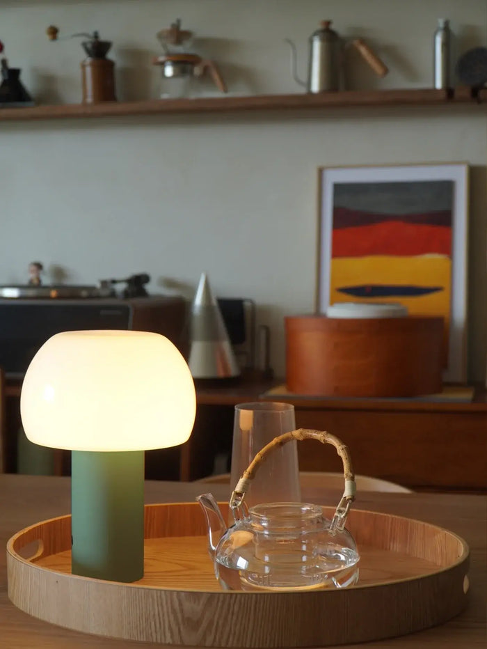 Modern Mushroom LED Table Lamp – Rechargeable & Portable Light on a wooden tray with a teapot and modern decor.