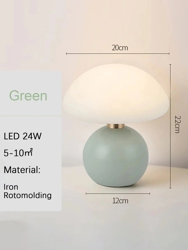 Mushroom LED USB Table Lamp in Pink – Soft Glow Bedside Lighting with green base and soft white shade dimensions.