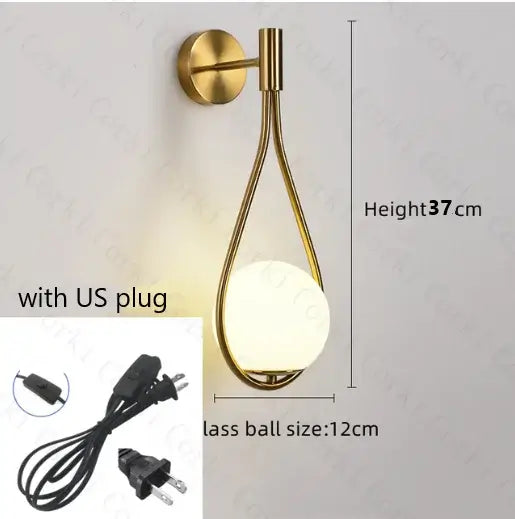 Drop Luxury Glass Ball Wall lamp with minimalist design and gold metalwork, height 37cm, 12cm glass ball, includes US plug.