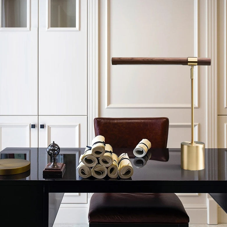 Mid-Century Wood Bar LED Table Lamp – Brass Finish