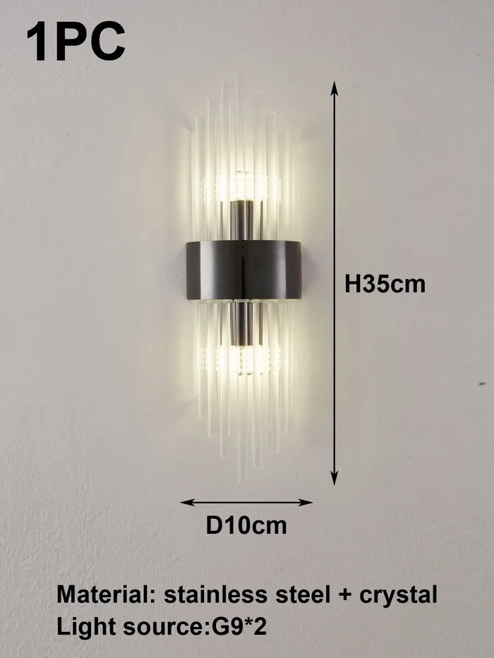 Black or Golden Art Deco Mural Lamp featuring stainless steel and crystal, elegant design ideal for wall mounting.
