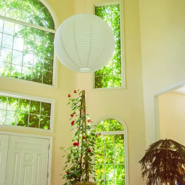Japanese Rice Paper Pendant Lights hanging in a bright room with large windows and greenery.