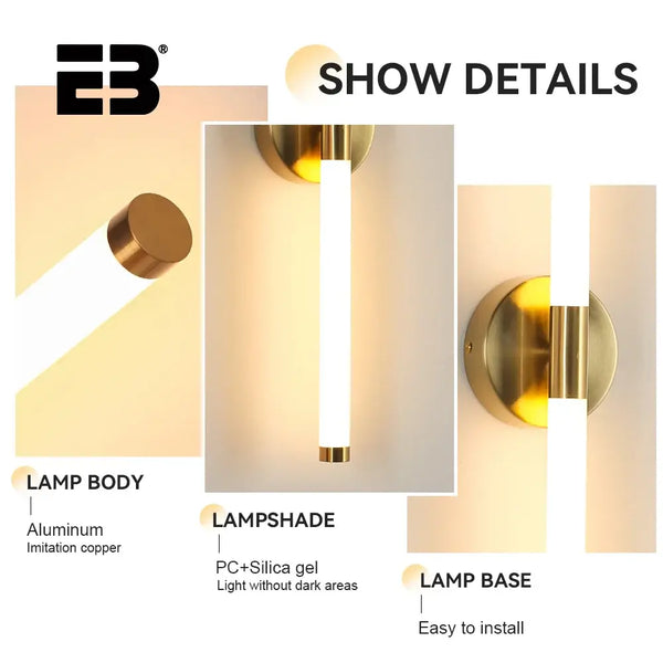 Contemporary Vanity Wall Light details showing aluminum lamp body, PC silica gel lampshade, and easy to install lamp base.