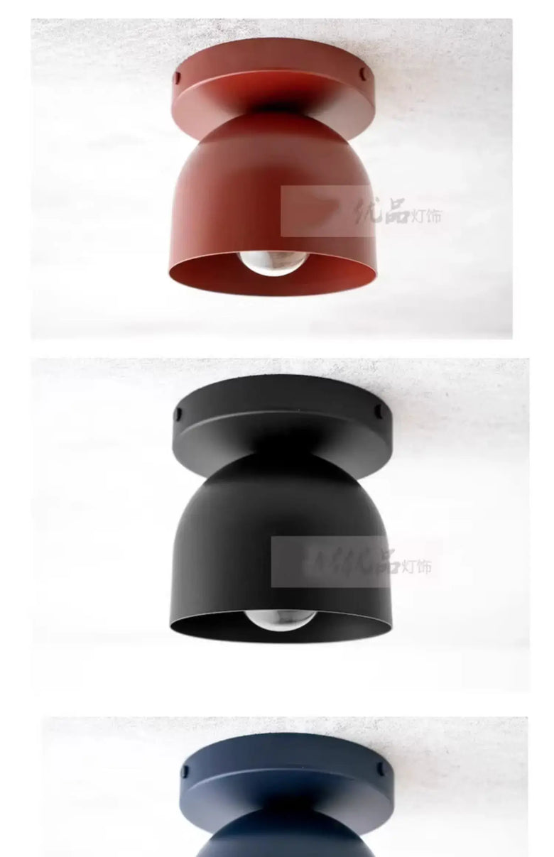 Compact Iron Ceiling Light with Dome Shade in red, black, and dark blue finishes, showcasing a modern and minimalist design.