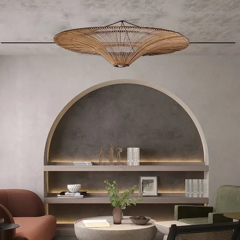 Vintage Designer Rattan Pendant Light elegantly illuminating a modern living space.