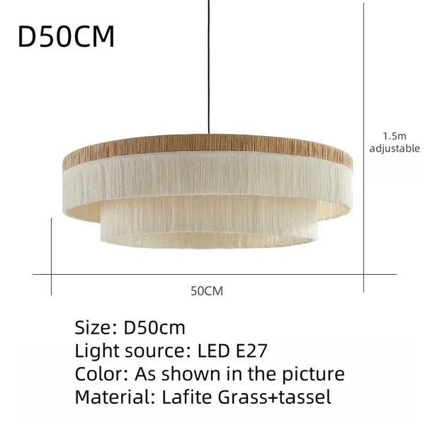 French Retro Grand Fringe Pendant Light – 80cm Vintage Beige Statement Chandelier with D50CM size and Lafite Grass+tassel material.