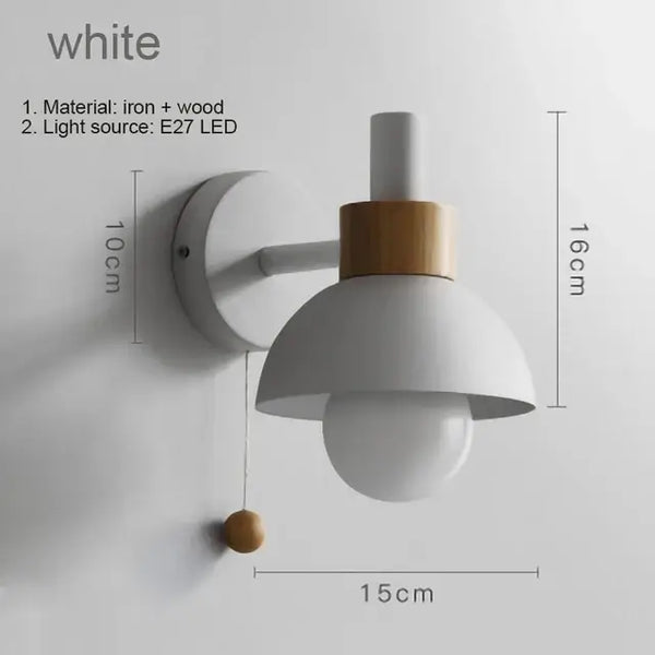 Pull Chain Nordic Sconce featuring a white iron and wood design, perfect as a child's bedside light.