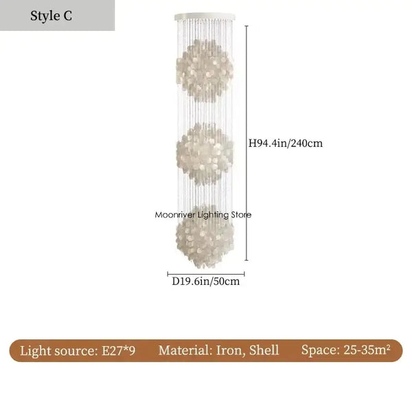 70s Retro Shell Multi-String Light Pendant in Style C with iron and shell accents, dimensions 19.6in x 94.4in.