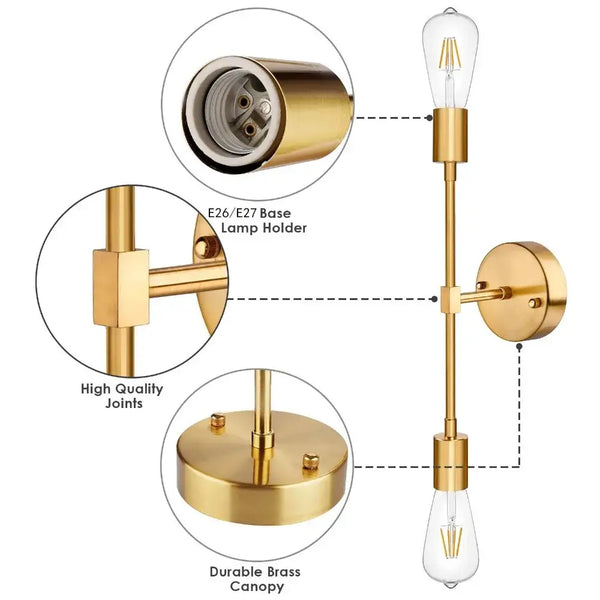 Double Wall Lights features E26/E27 base lamp holder, high-quality joints, and durable brass canopy for elegant lighting.