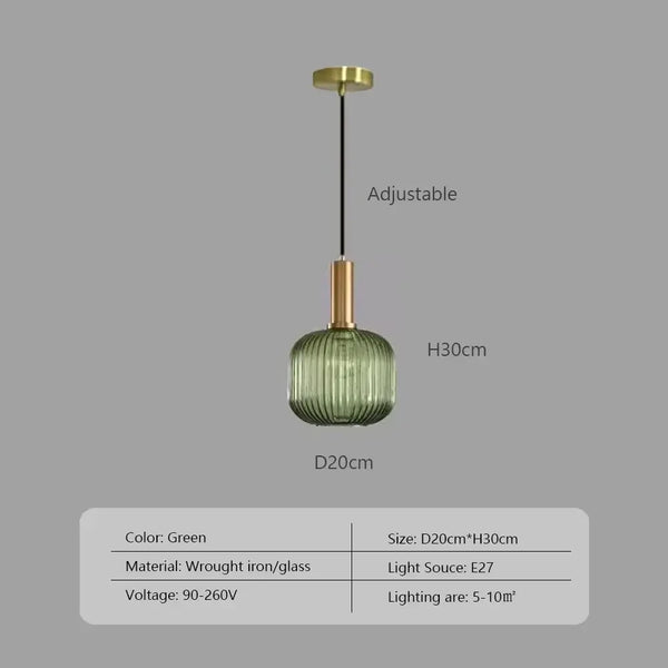 Pendant Light: Modern Nordic Glass Hanging Lighting Fixtures in green, adjustable, wrought iron and glass, 20cm diameter.