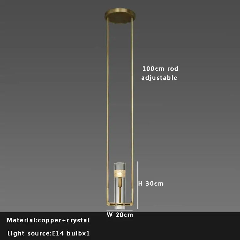 A modern brass pendant light fixture with a clear glass shade, shown with dimension labels indicating a 100cm adjustable rod, 30cm height, and 20cm width on a dark gray gradient background.