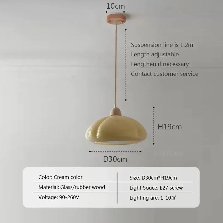 Pumpkin Glass Kitchen Pendant Light dimensions and specifications, featuring cream color and adjustable suspension line.