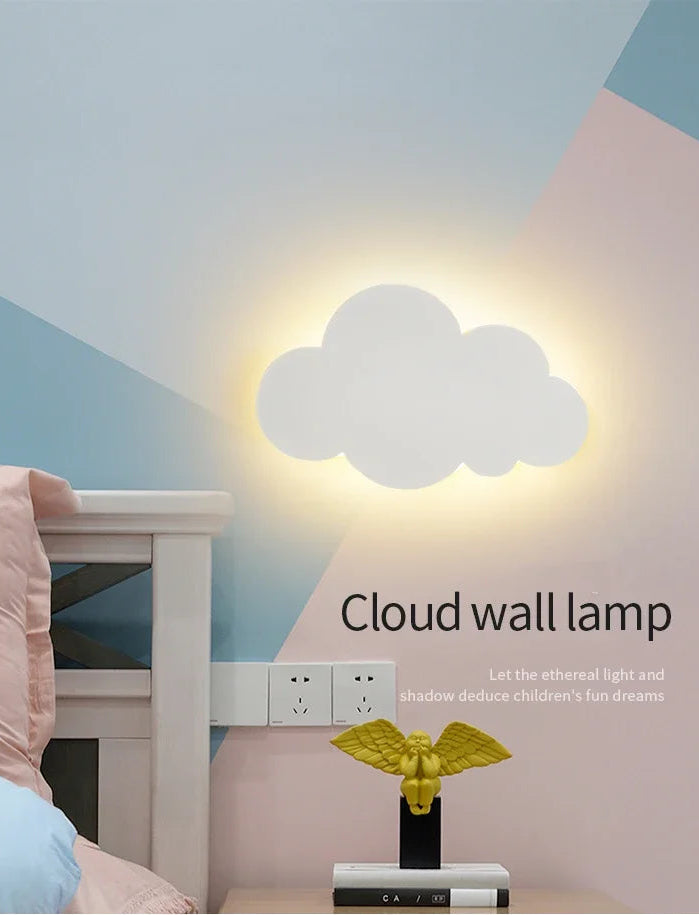 Cloud-shaped wall lamp in a room with a colorful wall and a nightstand.