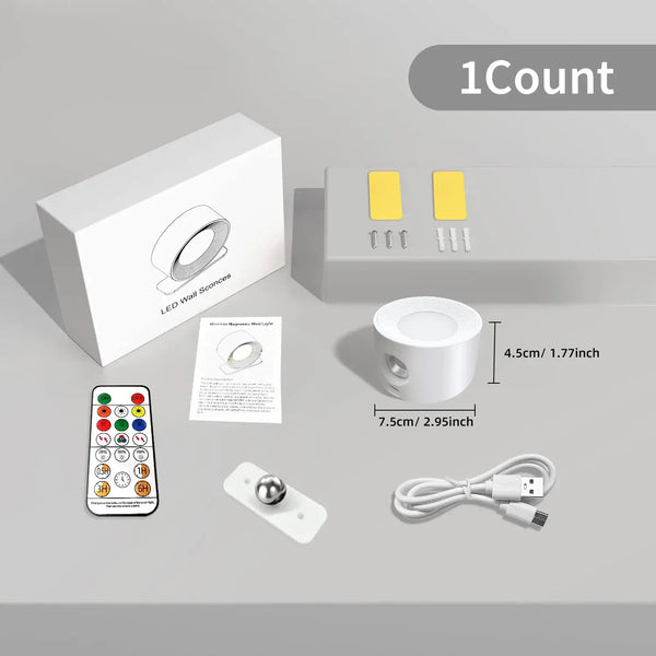 Rechargeable Bedside Wall Lamp components including LED light, remote control, USB cable, and installation accessories.
