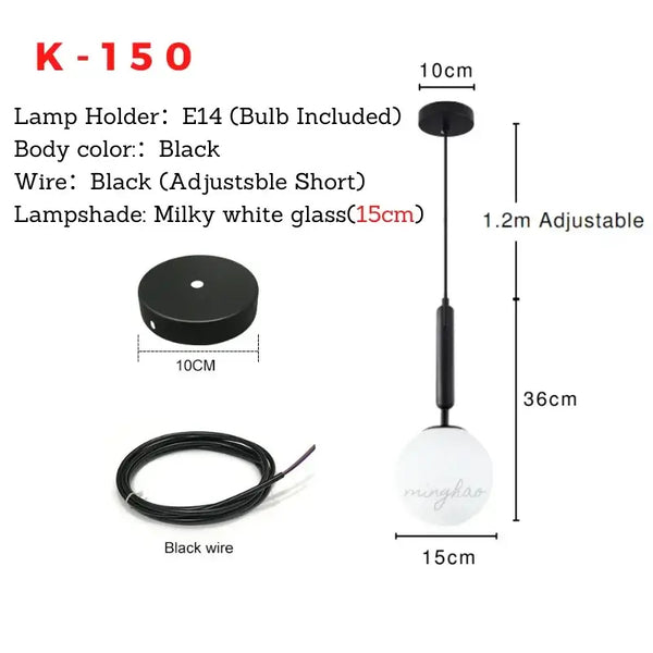 Mid-Century Modern Glass Ball Pendant Light specifications with black body, adjustable wire and milky white glass shade.