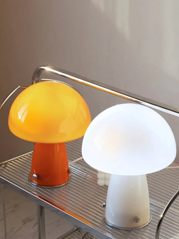 Nordic Mushroom Table Lamp – Retro-Inspired Glass & Iron Mood Light in Orange and White on a metallic surface.
