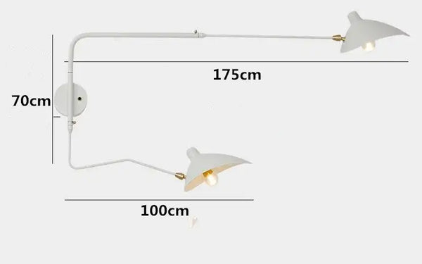 Swing Arm Nordic Loft Wall Lamp dimensions with stylish design, showing 70cm height and 175cm arm length.