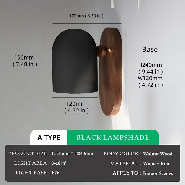 Elegant Walnut Wood and Iron Wall Lamp with black lampshade, perfect for modern interior decor.