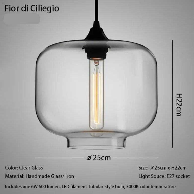 Clear glass pendant light with dimensions and bulb information on a gray background