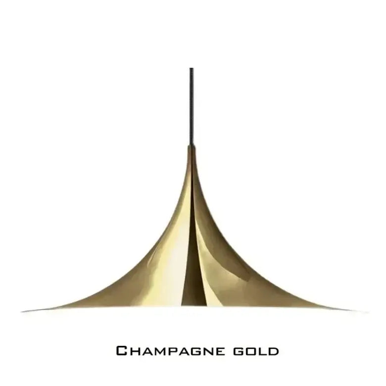 Scandi 70s Danish Pendant Lamp – Minimalist Metal LED Chandelier for Dining & Living Spaces in champagne gold finish.