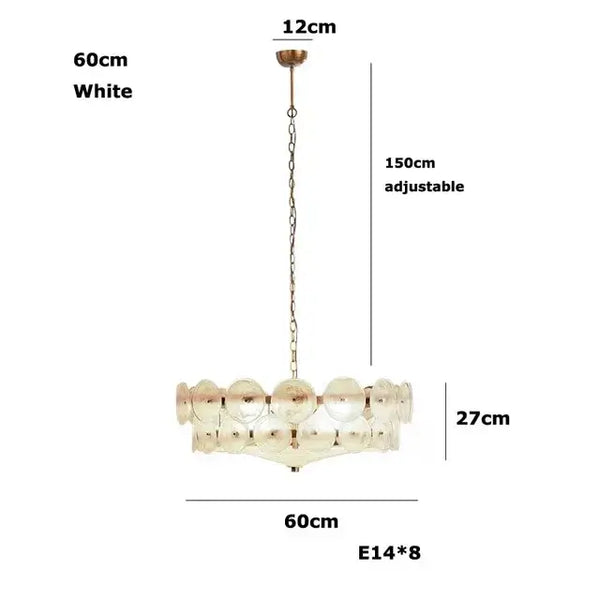 Luxurious Glass Disc Chandelier – 50s Chic dimensions: 60cm x 27cm with adjustable 150cm chain, detailed design.