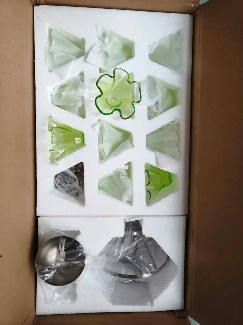 Luxury Flower-Shaped Glass Chandelier 45cm components in packaging with green glass pieces and metal fixtures.