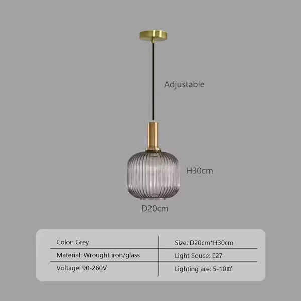 Pendant Light: Modern Nordic Glass Hanging Lighting Fixtures - Adjustable grey striped glass lamp with brass fittings.