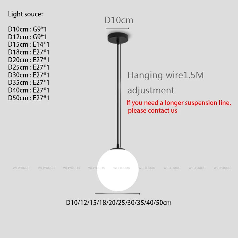 White Glass Globe Pendant Light with Brass or Black Detail