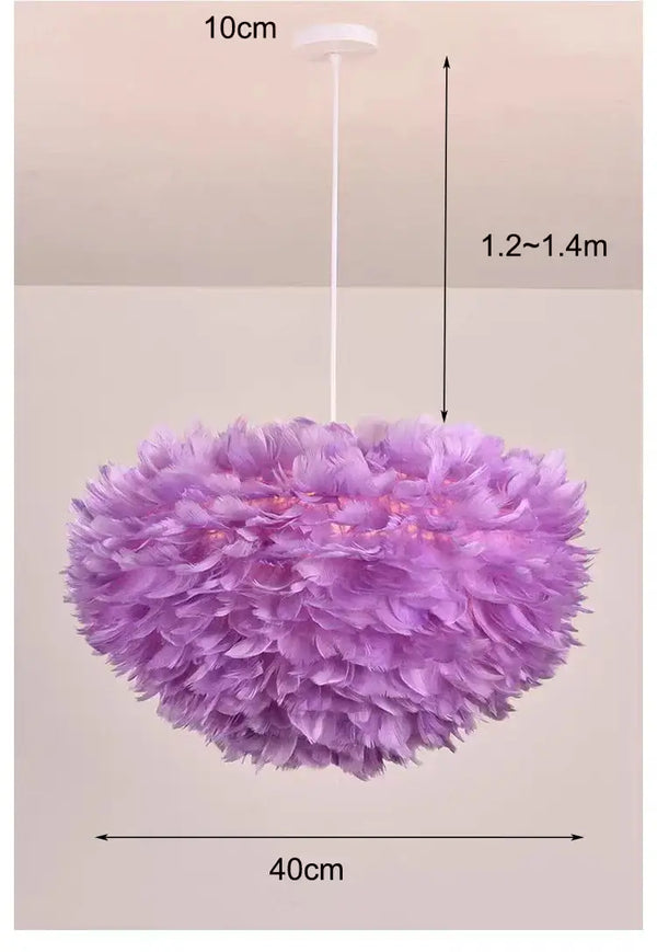 Goose Feather Pendant Chandelier – Soft Modern Lighting for Bedroom, Living Room or Boutique in purple color with dimensions.